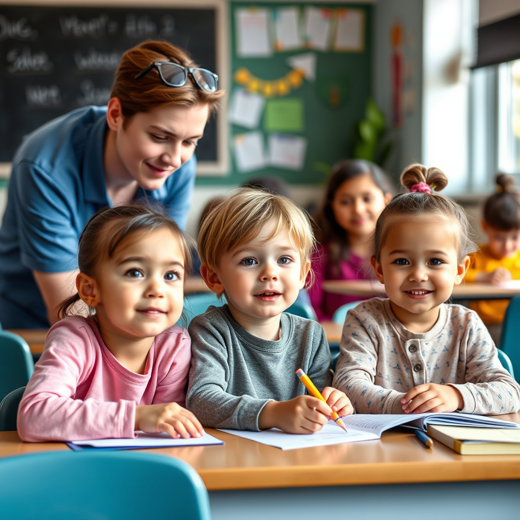 3-6 year old preschoolers learning in classroom with teen volunteers