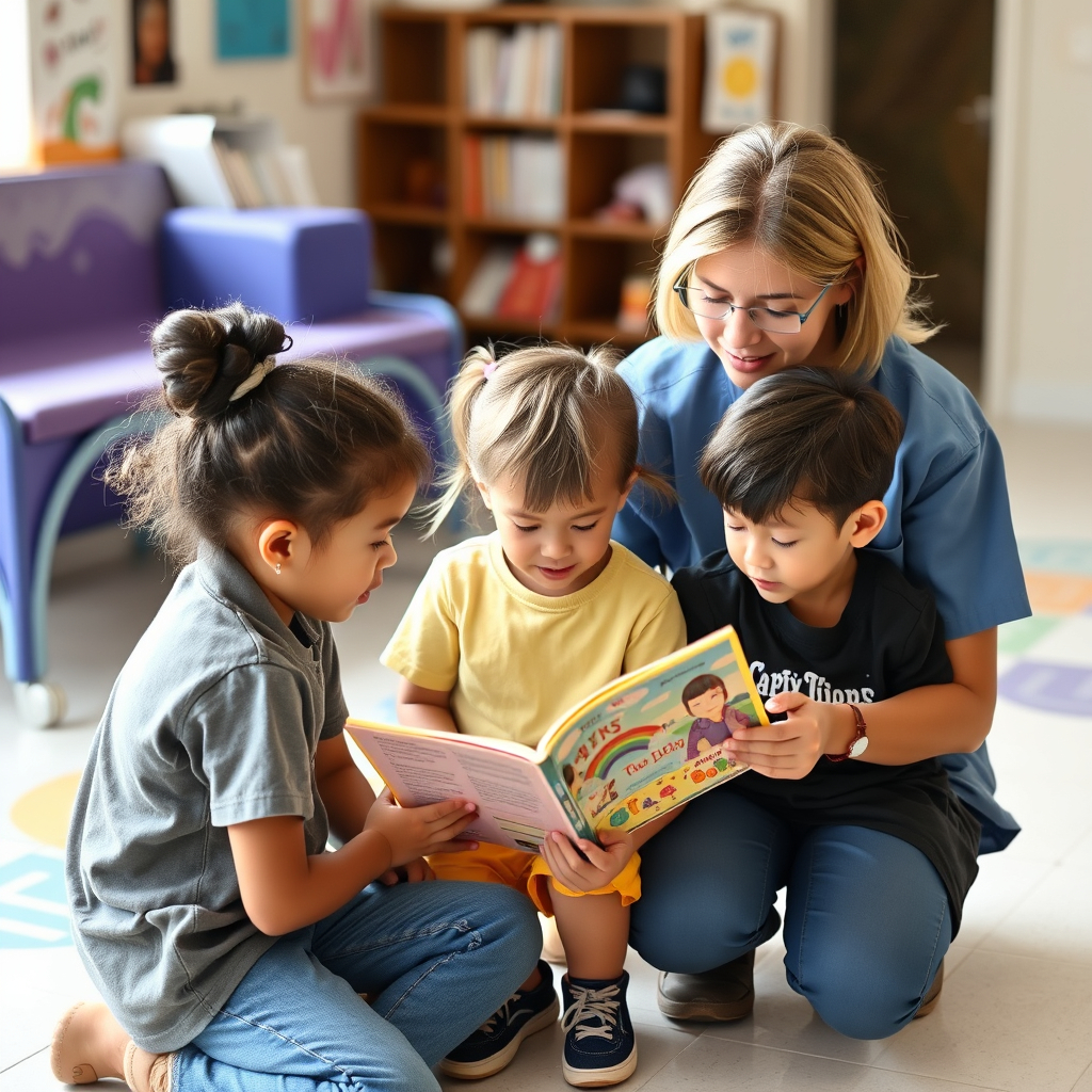 Caretaker reading to young children