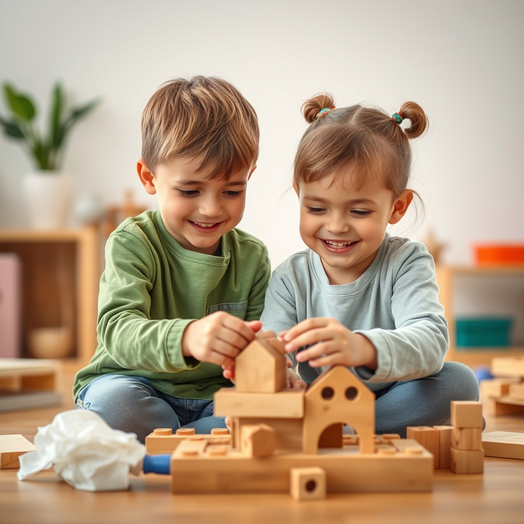 Happy children building together